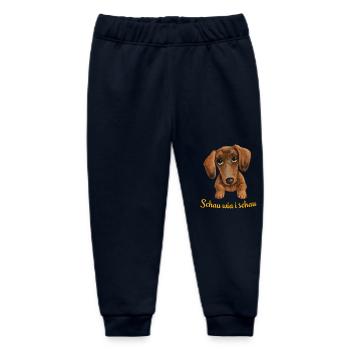 Dackelblick "Schau wia i schau" – Dackel Geschenk - Baby Organic Jogginghose Baby Tumbler von Stanley/Stella - Navy - Vorne