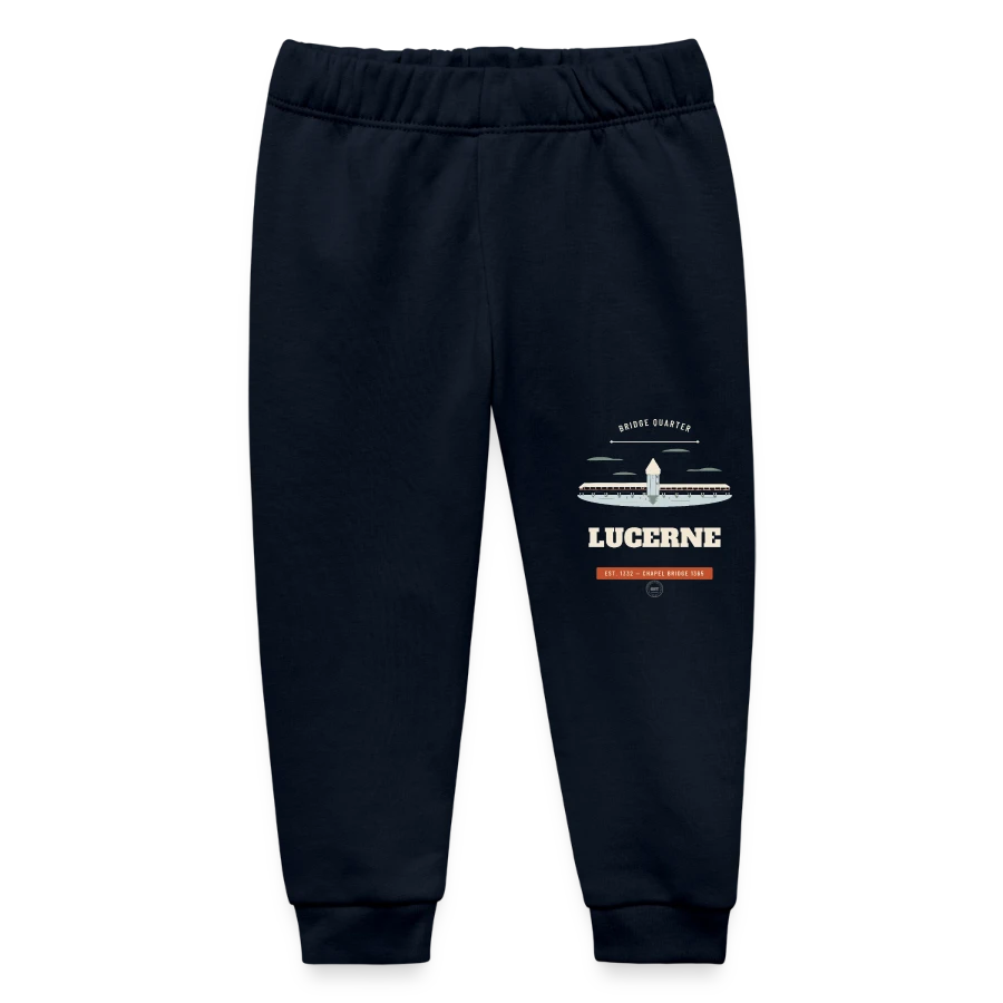 Lucerne badge on a baby organic sweatpants by stanley/stella, navy