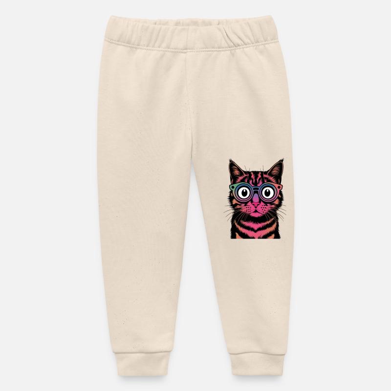 Chat arc-en-ciel avec des lunettes - Pantalon de jogging bébé bio Stanley/Stella - écru doux