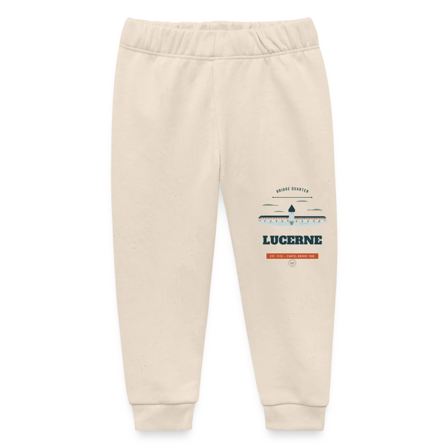 Lucerne badge on a baby organic sweatpants by stanley/stella, soft Ecru