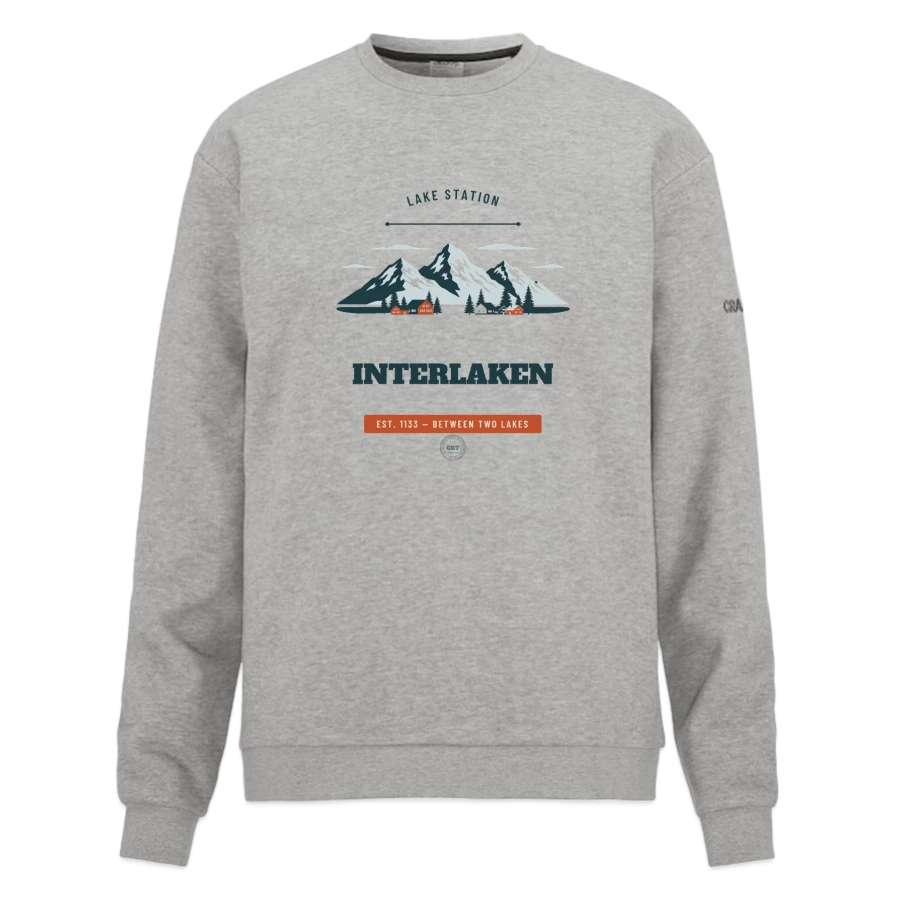 Interlaken badge on a craft community 2.0 sweatshirt , heather grey