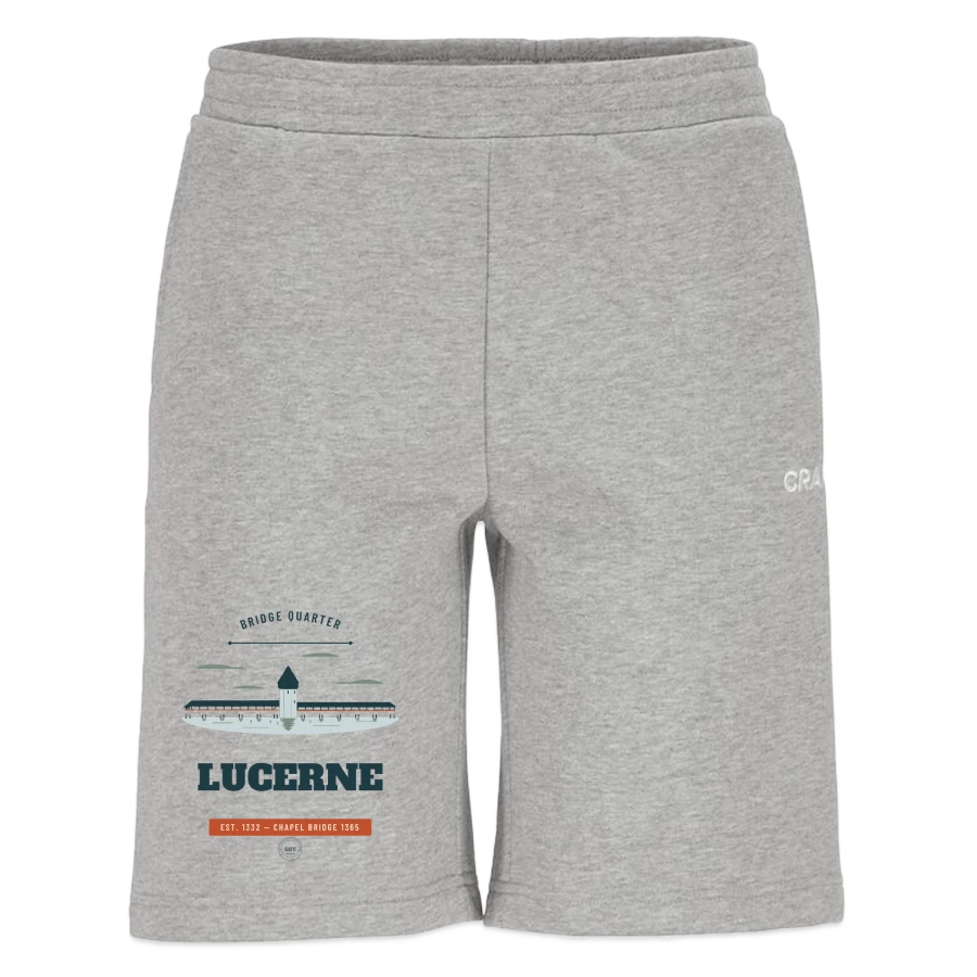 Lucerne badge on a craft community 2.0 sweat shorts, heather grey