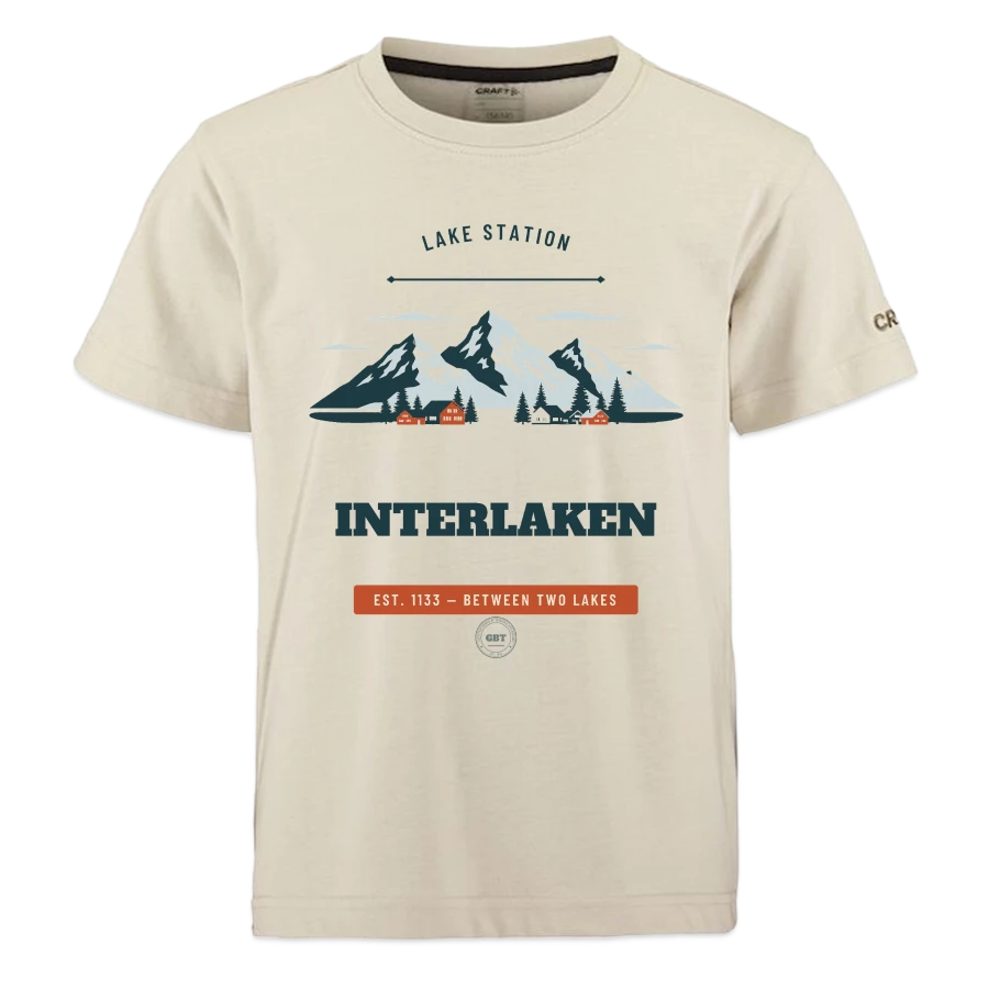 Interlaken badge on a craft community 2.0 kids t-shirt, beige