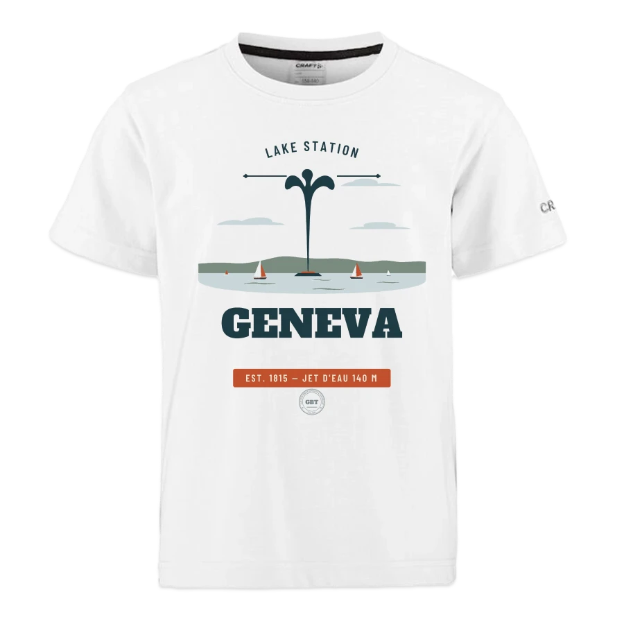 Geneva badge on a craft community 2.0 kids t-shirt, white