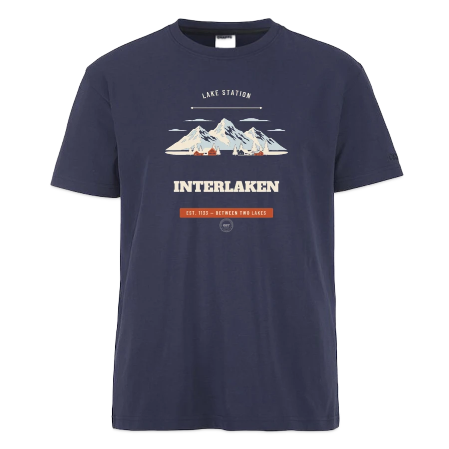 Interlaken badge on a craft community 2.0 t-shirt, dark navy