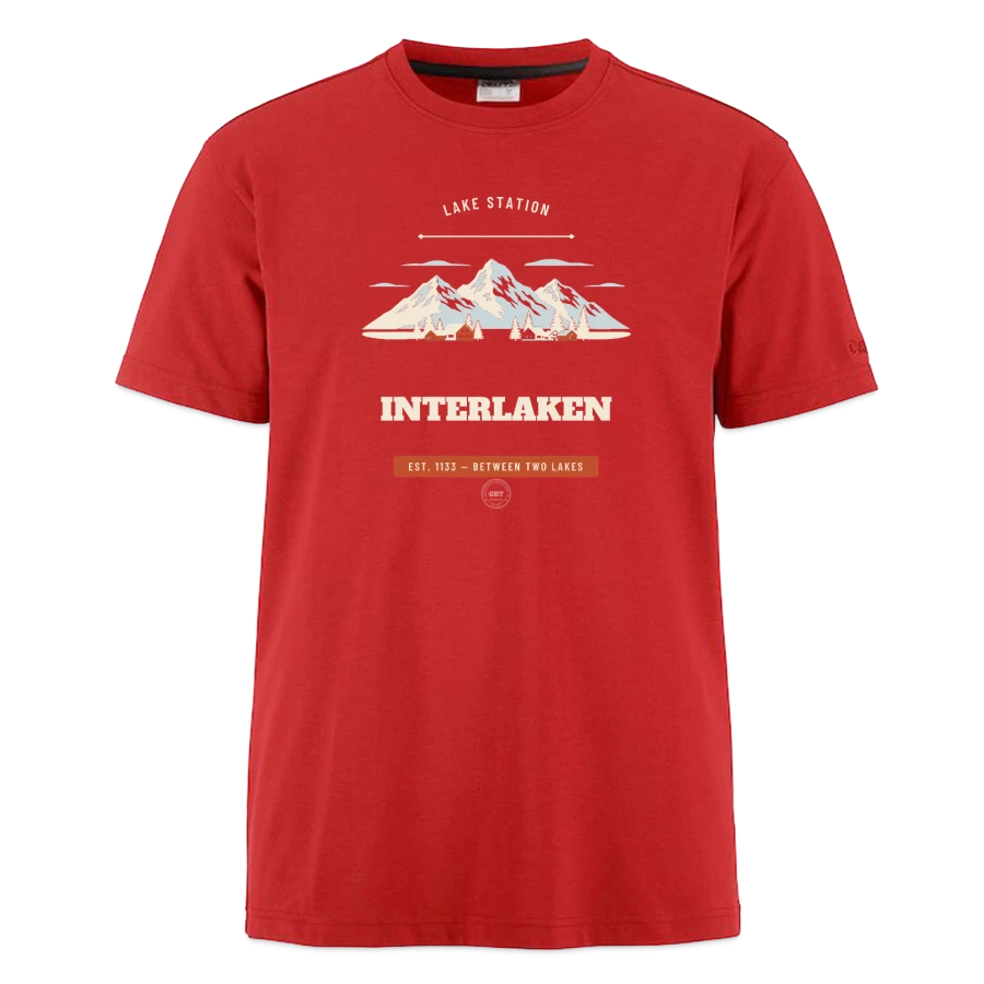 Interlaken badge on a craft community 2.0 t-shirt, red