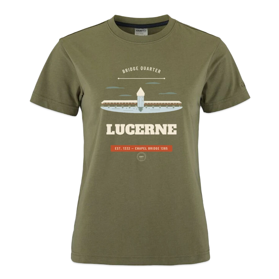 Lucerne badge on a craft community 2.0 women's t-shirt, moss green
