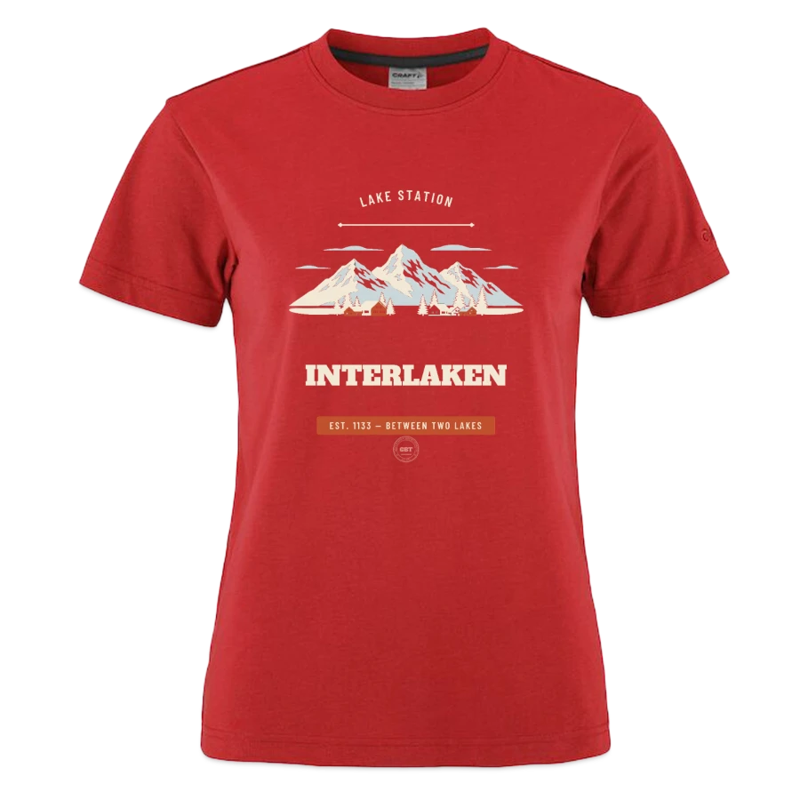 Interlaken badge on a craft community 2.0 women's t-shirt, red