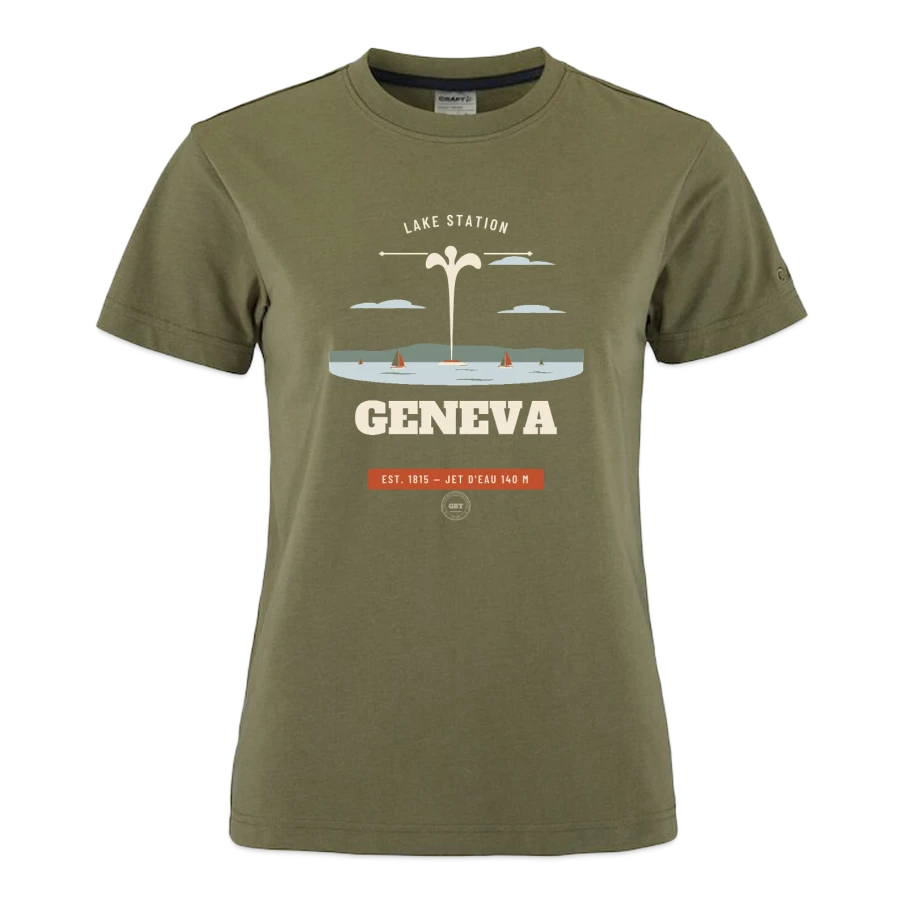 Geneva badge on a craft community 2.0 women's t-shirt, moss green