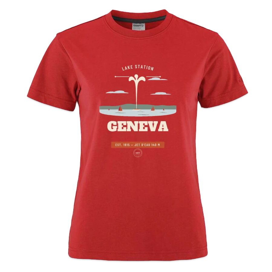 Geneva badge on a craft community 2.0 women's t-shirt, red