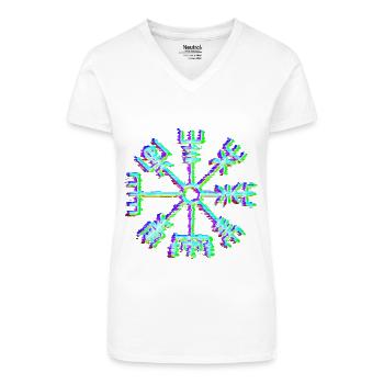 Vegvisir Rune – Neon Glitch Viking Compass Symbol - Bio Frauen T-Shirt mit V-Ausschnitt - Weiß - Vorne