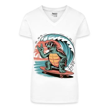 Camicia estiva con tartaruga skater - Maglietta ecologica da donna con scollo a V - bianco - Fronte