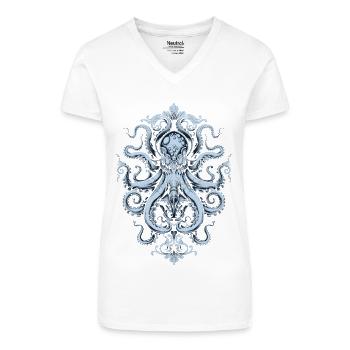 Ornement de pieuvre – Tatouage en bleu clair - T-shirt bio col V Femme - blanc - Devant