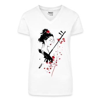 Geisha Shamisen – Sakura-Blumen | Japo Eleganz - Bio Frauen T-Shirt mit V-Ausschnitt - Weiß - Vorne