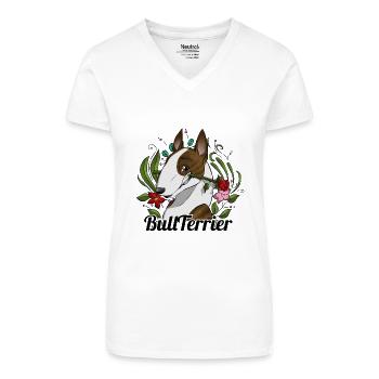 Le bonheur BullTerrier - Bringé - T-shirt bio col V Femme - blanc - Devant