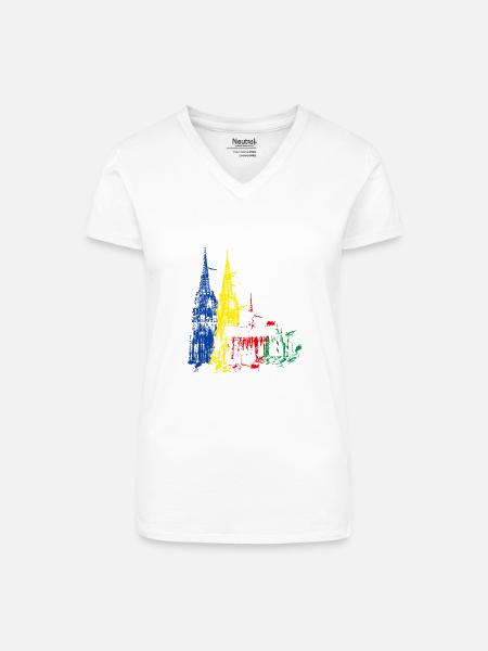 Kölner Dom, Farbexplosion - Bio Frauen T-Shirt mit V-Ausschnitt - Weiß