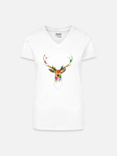 Bunter Hirschkopf im Graffiti-Look - Bio Frauen T-Shirt mit V-Ausschnitt - Weiß