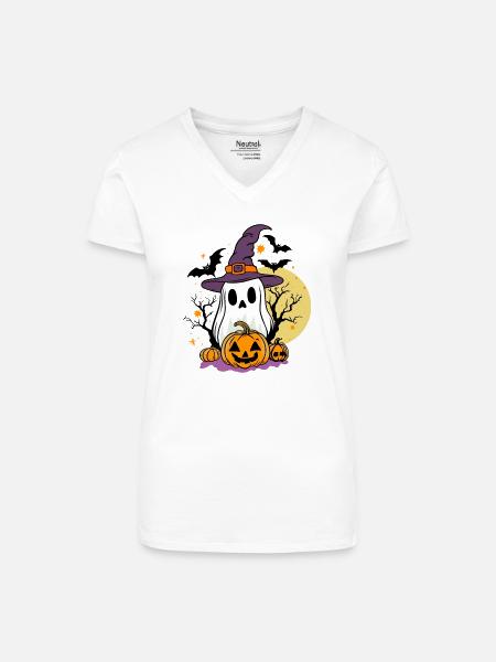 Süßes Geist-Kostüm mit Kürbis & Fledermäusen - Bio Frauen T-Shirt mit V-Ausschnitt - Weiß