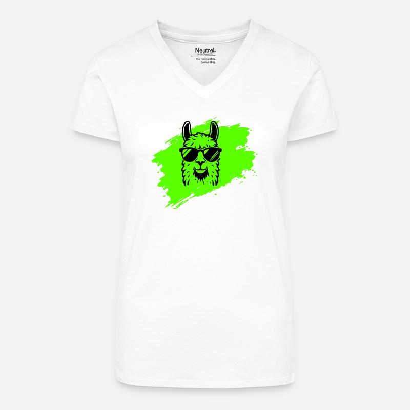 Lama oder Alpaka mit Sonnenbrille im Neonstil - Bio Frauen T-Shirt mit V-Ausschnitt - Weiß