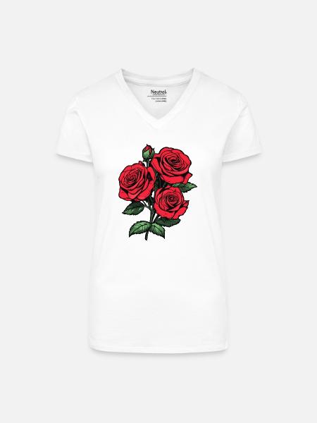 Rote Rosen Motiv  - Bio Frauen T-Shirt mit V-Ausschnitt - Weiß