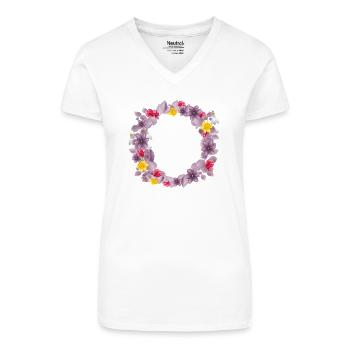 Altrosa Eukalyptuskranz mit zarten Frühlingsblüten - Bio Frauen T-Shirt mit V-Ausschnitt - Weiß - Vorne