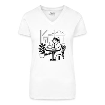 Nachdenkliche Katze Café - Bio Frauen T-Shirt mit V-Ausschnitt - Weiß - Vorne