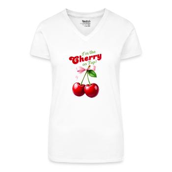 I'm the Cherry on Top - Kirschen mit rosa Schleife - Bio Frauen T-Shirt mit V-Ausschnitt - Weiß - Vorne