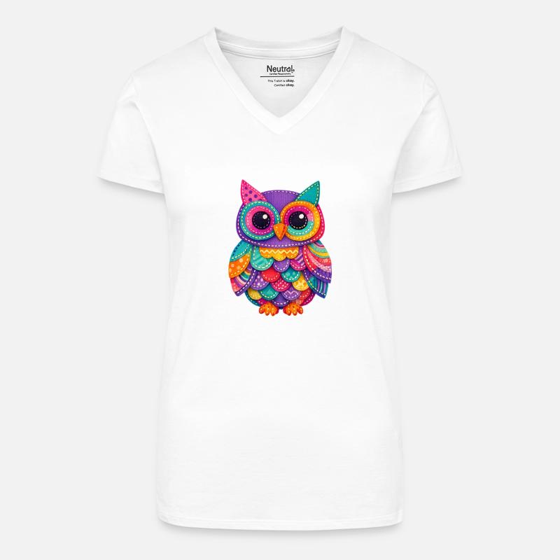 Patchwork Owl Magic - Organic Women's V-Neck T-Shirt - white