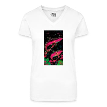 Des baleines au cosmos néon dans la mer des étoiles - T-shirt bio col V Femme - blanc - Devant