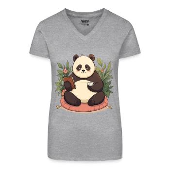 Panda reading with tea - Organic Women's V-Neck T-Shirt - heather grey - Front