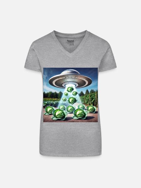 UFO & Kohl - Green Invasion - Bio Frauen T-Shirt mit V-Ausschnitt - Grau meliert