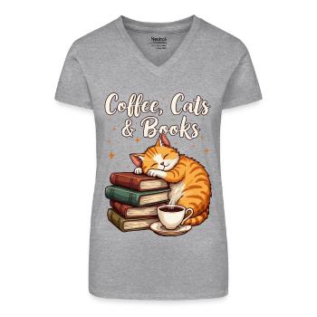 Café, Chat, Livre et lecture, Amateur de café - T-shirt bio col V Femme - gris chiné - Devant