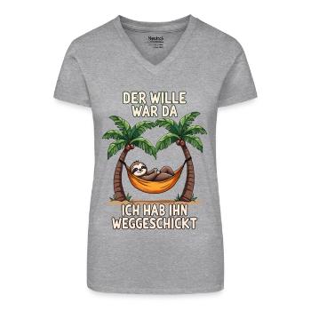 Faultier Spruch Langschläfer Statement Müde Büro - Bio Frauen T-Shirt mit V-Ausschnitt - Grau meliert - Vorne