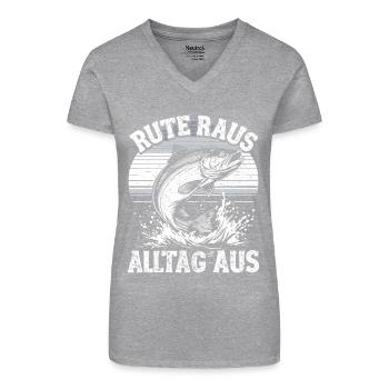 Angeln Angler Fischer Fischen Angel Spruch - Bio Frauen T-Shirt mit V-Ausschnitt - Grau meliert - Vorne
