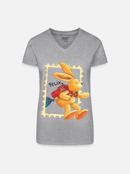 Felix huepft mit Schulranzen - Bio Frauen T-Shirt mit V-Ausschnitt - Grau meliert