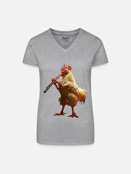 Hahn Flöte - Bio Frauen T-Shirt mit V-Ausschnitt - Grau meliert