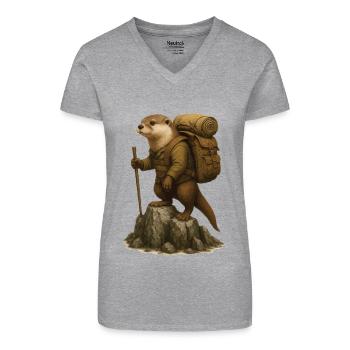 Otter Wandern - Bio Frauen T-Shirt mit V-Ausschnitt - Grau meliert - Vorne