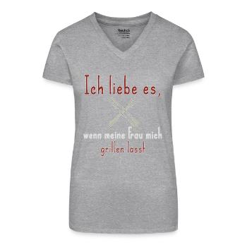Ich liebe es, wenn meine Frau mich grillen lässt - Bio Frauen T-Shirt mit V-Ausschnitt - Grau meliert - Vorne