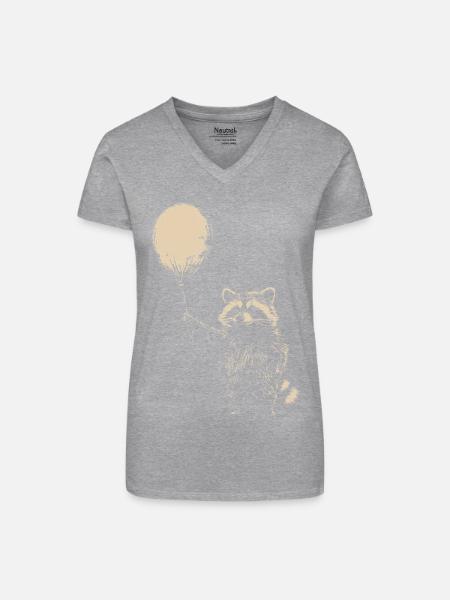Waschbär mit Luftballon - Bio Frauen T-Shirt mit V-Ausschnitt - Grau meliert