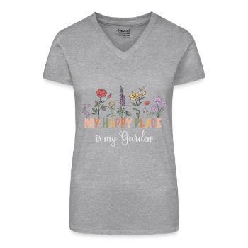My happy place is my Garden - Bio Frauen T-Shirt mit V-Ausschnitt - Grau meliert - Vorne