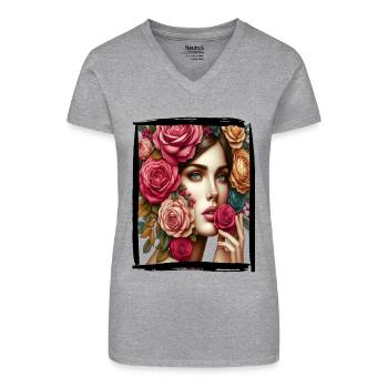 Boho Chic: Elegantes Design mit Floralkrone - Bio Frauen T-Shirt mit V-Ausschnitt - Grau meliert - Vorne