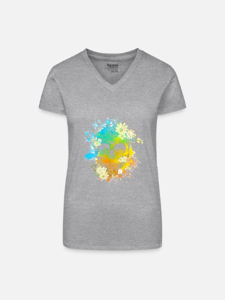 Skull Blumen - Bio Frauen T-Shirt mit V-Ausschnitt - Grau meliert