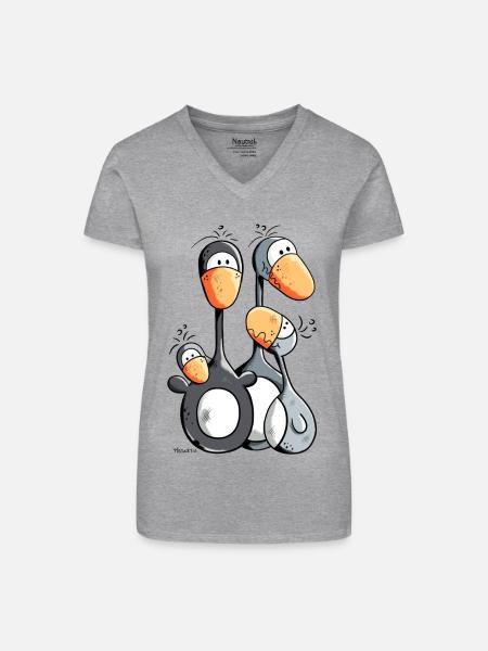 Pinguin Familie - Bio Frauen T-Shirt mit V-Ausschnitt - Grau meliert