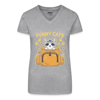 Funny with a cat looking regal in the backpack - Organic Women's V-Neck T-Shirt - heather grey - Front