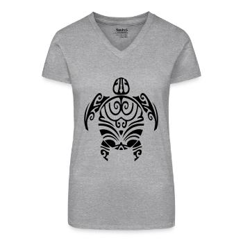 tortue tribal tattoo polynésien maori style - T-shirt bio col V Femme - gris chiné - Devant