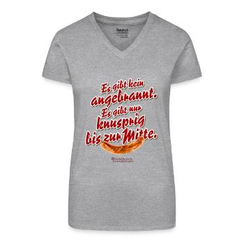 Grillen T-Shirt Spruch Knusprig bis zur Mitte - Bio Frauen T-Shirt mit V-Ausschnitt - Grau meliert - Vorne