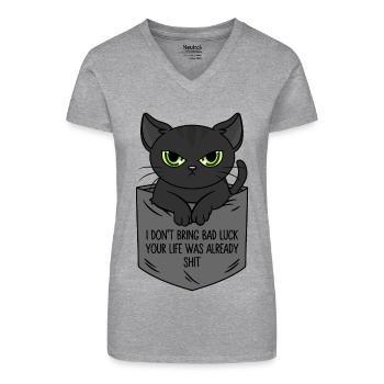 Schwarze Katze Brusttasche Ich bringe kein Unglück - Bio Frauen T-Shirt mit V-Ausschnitt - Grau meliert - Vorne