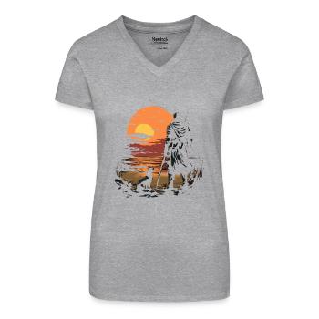 Abendlicher Spaziergang Am Strand Mit Hund Und - Bio Frauen T-Shirt mit V-Ausschnitt - Grau meliert - Vorne