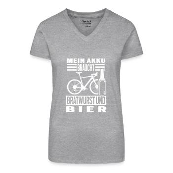 Mein Akku braucht Bratwurst und Bier Radtour - Bio Frauen T-Shirt mit V-Ausschnitt - Grau meliert - Vorne