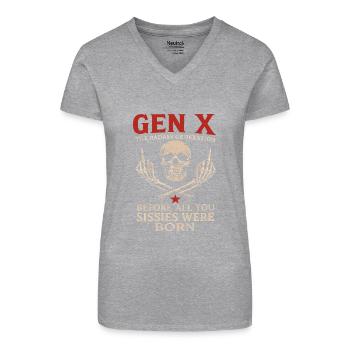 Gen X Totenkopf Oldschool Legend - Bio Frauen T-Shirt mit V-Ausschnitt - Grau meliert - Vorne